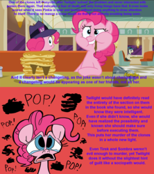Size: 1920x2160 | Tagged: safe, artist:headless rainbow, artist:joeywaggoner, edit, screencap, lucky breaks, pinkie pie, earth pony, pony, the clone that got away, g4, the saddle row review, too many pinkie pies, callback, clashing text color, clone, death, diane, discovery family logo, eating, faic, fedora, food, fridge horror, frown, grin, hat, headcanon, implied mirror pool, interview, looking at you, looking back, massacre, messy eating, mirror pool, murder, nightmare fuel, overthinking it, pancakes, pinkie clone, pinkie clone debate, puffy cheeks, raised eyebrow, restaurant, self ponidox, smirk, table, text, wall of text, wide eyes