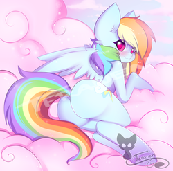 Size: 1024x1013 | Tagged: dead source, safe, artist:teranen, rainbow dash, pegasus, pony, g4, butt, colored pupils, dock, female, human shoulders, looking at you, looking back, mare, plot, rainbutt dash, sexy, smiling, solo, stupid sexy rainbow dash, the ass was fat, underhoof, watermark