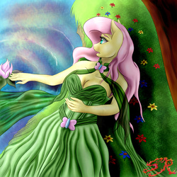 Size: 2880x2880 | Tagged: safe, artist:swiftriff, fluttershy, anthro, g4, breasts, busty fluttershy, cleavage, clothes, dress, female, flower, grass, high res, on back, river, solo, stream, water, waterlily