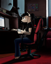 Size: 1600x2014 | Tagged: safe, artist:apocheck13, oc, oc only, oc:elya, unicorn, anthro, plantigrade anthro, chair, clothes, computer, jeans, pants, ponytail, solo, t-shirt