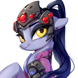 Size: 1545x1545 | Tagged: safe, artist:rocy canvas, pony, female, floppy ears, looking at you, mare, overwatch, ponified, ponytail, simple background, solo, white background, widowmaker