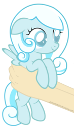 Size: 4617x7917 | Tagged: safe, artist:justisanimation, oc, oc only, oc:snowdrop, pony, absurd resolution, cute, daaaaaaaaaaaw, female, filly, flash, hand, hnnng, holding a pony, justis holds a pony, simple background, smiling, snowbetes, transparent background, vector, weapons-grade cute
