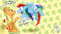 Size: 900x506 | Tagged: safe, artist:bow2yourwaifu, artist:phuocthiencreation, applejack, rainbow dash, earth pony, pegasus, pony, g4, annoyed, ashleigh ball, backwards cutie mark, collaboration, ear fluff, female, flying, mare, raised hoof, signature, sitting, voice actor joke