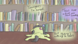 Size: 1280x720 | Tagged: safe, artist:happy harvey, oc, oc only, oc:anon, oc:filly anon, blatant lies, book, bookshelf, bored, colored, dialogue, female, filly, foal, lazy, library, oblivious, on back, phone drawing, rule 63