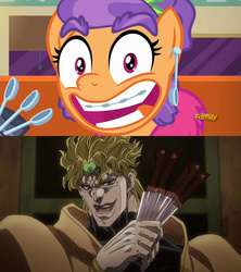 Size: 640x720 | Tagged: safe, edit, edited screencap, screencap, plaid stripes, g4, the saddle row review, comparison, dio brando, idea, jojo's bizarre adventure, knife, spoon, stardust crusaders, za warudo