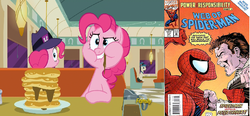 Size: 880x409 | Tagged: safe, screencap, pinkie pie, the clone that got away, g4, the saddle row review, ben reilly, clone, comparison, male, marvel, peter parker, pinkie clone, spider-man