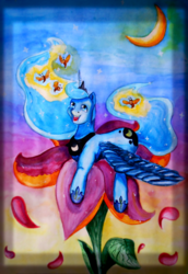 Size: 1800x2609 | Tagged: safe, artist:sentabry, princess luna, alicorn, insect, moth, pony, g4, color porn, crescent moon, female, flower, giant flower, happy, moon, petals, solo, stars