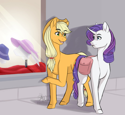 Size: 3093x2840 | Tagged: safe, artist:fairdahlia, applejack, rarity, g4, bag, duo, high res, looking at each other, looking at someone, raised hoof, saddle bag