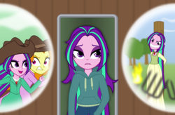 Size: 1505x989 | Tagged: safe, artist:bootsyslickmane, adagio dazzle, aria blaze, fanfic:the shadowbolts adventures, equestria girls, g4, my little pony equestria girls: rainbow rocks, alternate clothes, alternate hairstyle, angry, burning at the stake, cloth gag, clothes, cowboy hat, dress, easter egg, execution, fanfic, fanfic art, flashback, gag, hat, hoodie, immortal, log, lying down, messy hair, missing accessory, on back, pitchfork, running, sad, stake, tied up, torch, town of salem, tree, witch, witch trials
