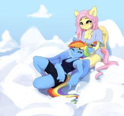 Size: 1280x1194 | Tagged: safe, artist:seyrii, fluttershy, rainbow dash, anthro, g4, clothes, female, lesbian, ship:flutterdash, shipping, shorts, t-shirt, tank top