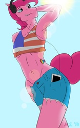 Size: 2141x3428 | Tagged: safe, artist:php37, pinkie pie, earth pony, anthro, g4, american flag, armpits, belly button, belly piercing, bellyring, bubble berry, clothes, daisy dukes, fabulous, flag, gay pride, gay pride flag, headphones, high res, implied gay, ipod, lens flare, male, midriff, mp3 player, piercing, pride, rule 63, shorts, solo, sun, tattoo