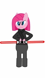 Size: 750x1280 | Tagged: safe, artist:darkduskshine, pinkie pie, earth pony, anthro, g4, arm hooves, bubble berry, bubblini davinci berry, clothes, cosplay, costume, crossover, darth maul, double lightsaber, lightsaber, pinkamena diane pie, rule 63, simple background, sith, star wars, weapon, white background