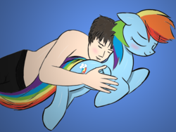 Size: 1280x960 | Tagged: safe, artist:rainbow, rainbow dash, oc, oc:generic messy hair anime anon, human, g4, blushing, clothes, colored, cuddling, hug, human on pony snuggling, pillow, smiling, snuggling, topless