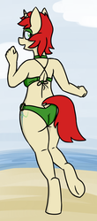 Size: 593x1347 | Tagged: safe, artist:coatieyay, oc, oc only, oc:velvet pastry, anthro, unguligrade anthro, beach, bikini, breasts, clothes, eyeshadow, female, makeup, sideboob, solo, swimsuit