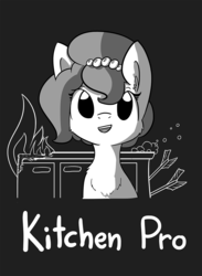 Size: 934x1274 | Tagged: safe, alternate version, artist:tjpones, oc, oc only, oc:brownie bun, earth pony, pony, horse wife, black background, blatant lies, bust, chest fluff, cute, female, fire, kitchen, mare, monochrome, open mouth, property damage, simple background, solo, text