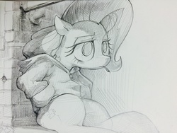 Size: 3264x2448 | Tagged: safe, artist:bluedrg19, fluttershy, g4, cigarette, clothes, female, frown, grayscale, high res, hoodie, monochrome, pencil drawing, sitting, smoking, solo, traditional art
