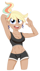 Size: 805x1414 | Tagged: safe, artist:dbkit, oc, oc only, oc:kite runner, human, armpits, breasts, cleavage, clothes, female, humanized, offspring, parent:dumbbell, parent:rainbow dash, parents:dumbdash, ponytail, scar, shorts, simple background, solo, sports bra, transparent background