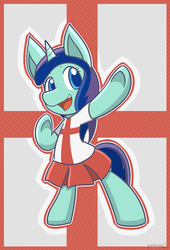Size: 819x1207 | Tagged: safe, artist:fiakaiera, oc, oc only, oc:helix, pony, unicorn, bipedal, britain, clothes, country, cute, england, flag, happy, open mouth, pleated skirt, shirt, skirt, solo, standing, united kingdom