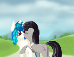 Size: 2200x1700 | Tagged: safe, artist:styroponyworks, dj pon-3, octavia melody, vinyl scratch, g4, female, kissing, lesbian, ship:scratchtavia, shipping