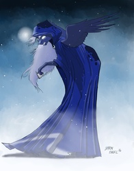 Size: 2545x3254 | Tagged: safe, artist:baron engel, princess luna, spirit of hearth's warming yet to come, a hearth's warming tail, g4, cloak, clothes, female, glowing eyes, high res, magic, snow, snowfall, solo, spread wings