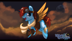 Size: 3500x1997 | Tagged: safe, artist:xwhitedreamsx, oc, oc only, pegasus, pony, artificial wings, augmented, bandage, clothes, cloud, dusk, flying, full moon, goggles, leg warmers, looking at you, male, mechanical wing, moon, night, night sky, sky, smiling, solo, spread wings, stallion, wings