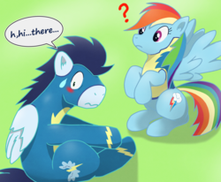 Size: 1024x845 | Tagged: safe, artist:amago-vaccine, rainbow dash, soarin', pony, g4, blushing, clothes, female, male, question mark, ship:soarindash, shipping, straight, wonderbolts uniform