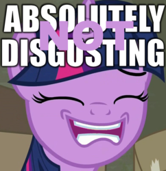 Size: 779x806 | Tagged: safe, edit, edited screencap, screencap, twilight sparkle, alicorn, pony, g4, the saddle row review, absolutely disgusting, dialogue, faic, female, image macro, inverted mouth, mare, meme, smiling, subverted meme, twilight sparkle (alicorn)