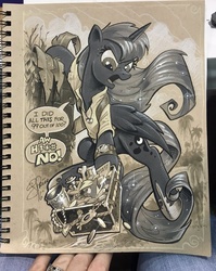 Size: 600x754 | Tagged: safe, artist:andy price, derpy hooves, princess luna, pegasus, pony, g4, crossover, female, mare, nathan drake, traditional art, uncharted