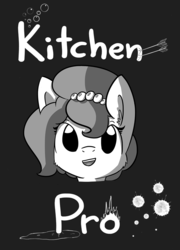 Size: 841x1165 | Tagged: safe, alternate version, artist:tjpones, oc, oc only, oc:brownie bun, earth pony, pony, horse wife, black background, blatant lies, bust, cute, ear fluff, female, fire, grayscale, head, kitchen, mare, monochrome, open mouth, simple background, solo, text, this will end in fire