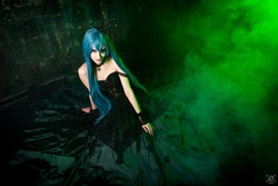 Size: 2000x1333 | Tagged: safe, artist:alexey grishin, artist:renshuher, queen chrysalis, human, g4, clothes, cosplay, costume, dress, green smoke, irl, irl human, jewelry, necklace, photo, solo