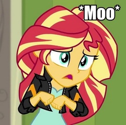 Size: 401x400 | Tagged: safe, sunset shimmer, equestria girls, g4, animal noises, behaving like a cow, image macro, meme, moo