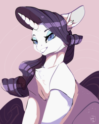 Size: 1243x1553 | Tagged: safe, artist:clockworkquartet, rarity, g4, beautiful, chest fluff, ear fluff, eyelashes, eyeliner, female, fluffy, horn, long mane, makeup, painting, pastel, realistic, smiling, solo, teeth