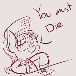 Size: 800x800 | Tagged: source needed, safe, artist:narmet, starlight glimmer, pony, unicorn, g4, button, clothes, female, implied murder, looking at you, mare, monochrome, sketch, solo, this will end in tears and/or death, uniform