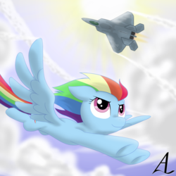 Size: 1500x1500 | Tagged: safe, artist:acesrockz, rainbow dash, pegasus, pony, g4, ace combat, cloud, crossover, f-22 raptor, female, flying, lockheed corporation, looking up, mobius one, sky, solo