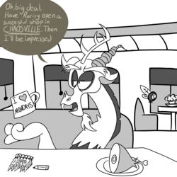 Size: 3000x3000 | Tagged: safe, artist:turkleson, discord, parasprite, g4, the saddle row review, dialogue, diner, grayscale, high res, monochrome