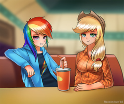 Size: 750x630 | Tagged: safe, artist:racoonsan, applejack, rainbow dash, human, g4, the saddle row review, bedroom eyes, cafe, clothes, cowboy hat, cup, cute, drink, duo, duo female, female, freckles, hat, humanized, interview, looking at you, manehattan, scene interpretation, sitting, smiling, stetson, straw, table, winged humanization