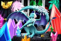 Size: 1354x899 | Tagged: safe, artist:weirdofish, princess ember, dragon, g4, gauntlet of fire, bathing, cave, crystal, dragoness, eyes closed, female, misleading thumbnail, shower, solo, spread wings, water, wings