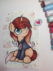 Size: 1936x2592 | Tagged: safe, artist:chelseaz123, oc, oc only, oc:cindy, pony, unicorn, clothes, copic, drawing, female, heart, hoodie, jewelry, mare, marker, marker drawing, markers, pendant, solo, traditional art