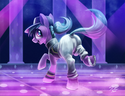 Size: 1200x918 | Tagged: safe, artist:tsitra360, azure velour, earth pony, pony, g4, the saddle row review, butt, clothes, club pony party palace, cute, dance floor, dancer, dancing, female, hat, horseshoes, mare, open mouth, pants, plot, raised hoof, rave, scene interpretation, solo