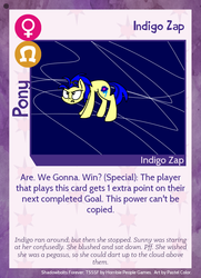 Size: 788x1088 | Tagged: safe, artist:pastel color, indigo zap, pony, twilight sparkle's secret shipfic folder, g4, are we gonna win?, card, female, ponified, solo