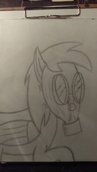 Size: 1836x3264 | Tagged: safe, artist:falloutowen87, derpy hooves, pegasus, pony, g4, female, gas mask, mare, solo, traditional art