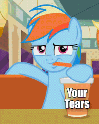 Size: 478x597 | Tagged: safe, edit, edited screencap, screencap, applejack, rainbow dash, g4, the saddle row review, animated, drinking, female, image macro, meme, reaction image, sipping, straw, your tears are delicious