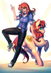 Size: 990x1400 | Tagged: safe, artist:bakki, oc, oc only, oc:erin olsen, oc:sunflower, human, pony, fanfic:project sunflower, butt, clothes, converse, duality, fanfic art, human ponidox, humanized, humanized ponified human, plot, ponified, shoes, smiling, smirk, sneakers, underhoof