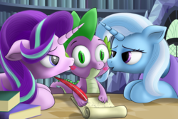 Size: 2500x1667 | Tagged: safe, artist:awalex, spike, starlight glimmer, trixie, dragon, pony, unicorn, g4, aroused, bedroom eyes, book, cheek kiss, female, floppy ears, heavy breathing, kiss mark, kiss sandwich, kissing, lesbian, letter, library, lipstick, love triangle, lucky bastard, male, mare, open mouth, polyamory, quill, scroll, ship:sparlight, ship:startrix, shipping, sparlixie, spike gets all the mares, spixie, straight, table, twilight's castle