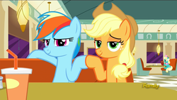 Size: 1920x1080 | Tagged: safe, screencap, applejack, honey curls, mare e. lynn, rainbow dash, g4, the saddle row review, bendy straw, booth, cafe, cup, diner, discovery family logo, drinking straw, hoofbump, lidded eyes, salt shaker, table