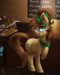 Size: 800x1000 | Tagged: safe, artist:silentwulv, oc, oc only, oc:mocha latte, earth pony, pony, bandana, bow, bread, cafe, cash register, colored pupils, croissant, female, food, hair bow, hair bun, looking at you, mare, menu, muffin, raised hoof, raised leg, screen, smiling, solo, spotlight, water bottle