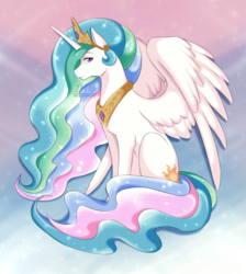 Size: 600x669 | Tagged: safe, artist:chiisai-hana, princess celestia, alicorn, pony, g4, commission, female, sitting, smiling, solo, watermark