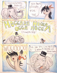 Size: 1068x1372 | Tagged: safe, artist:thefriendlyelephant, oc, oc only, oc:mooncatcher, oc:obi, elephant, comic:the hoggash awards, artist avatar, award show, comic, duo, feather, hat, microphone, random idea, ribbon, silly, speech bubble, top hat, traditional art