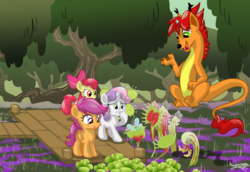 Size: 4796x3300 | Tagged: safe, artist:lostinthetrees, apple bloom, scootaloo, sweetie belle, oc, oc:deimhal, dragon, earth pony, parasprite, pegasus, pony, unicorn, venus flytrap, g4, butterwort, carnivorous plant, cobra lily, cutie mark crusaders, fanfic art, female, filly, foal, high res, licking, licking lips, monster, parrot pitcher plant, pitcher plant, plant, plant vore, predation, sundew, tongue out