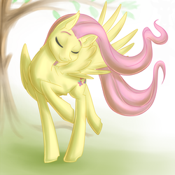 Size: 900x900 | Tagged: safe, artist:countaile, fluttershy, g4, eyes closed, female, prancing, smiling, solo, tree, windswept mane